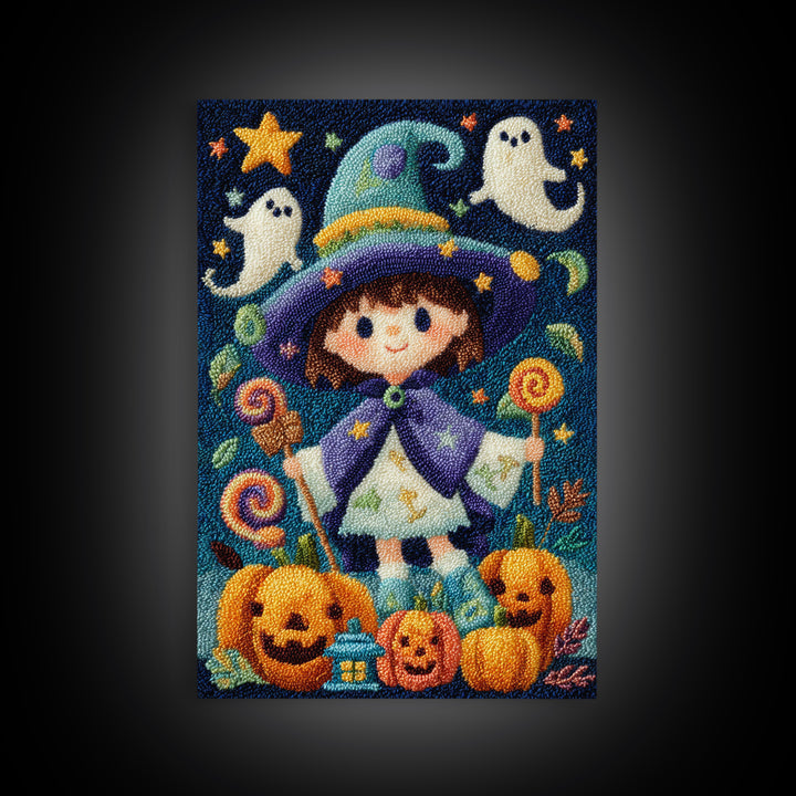 The Star-Cape Magician, Embroidered Halloween Art, Vertical Wall Art, Canvas Print, Cute Halloween Wall Art