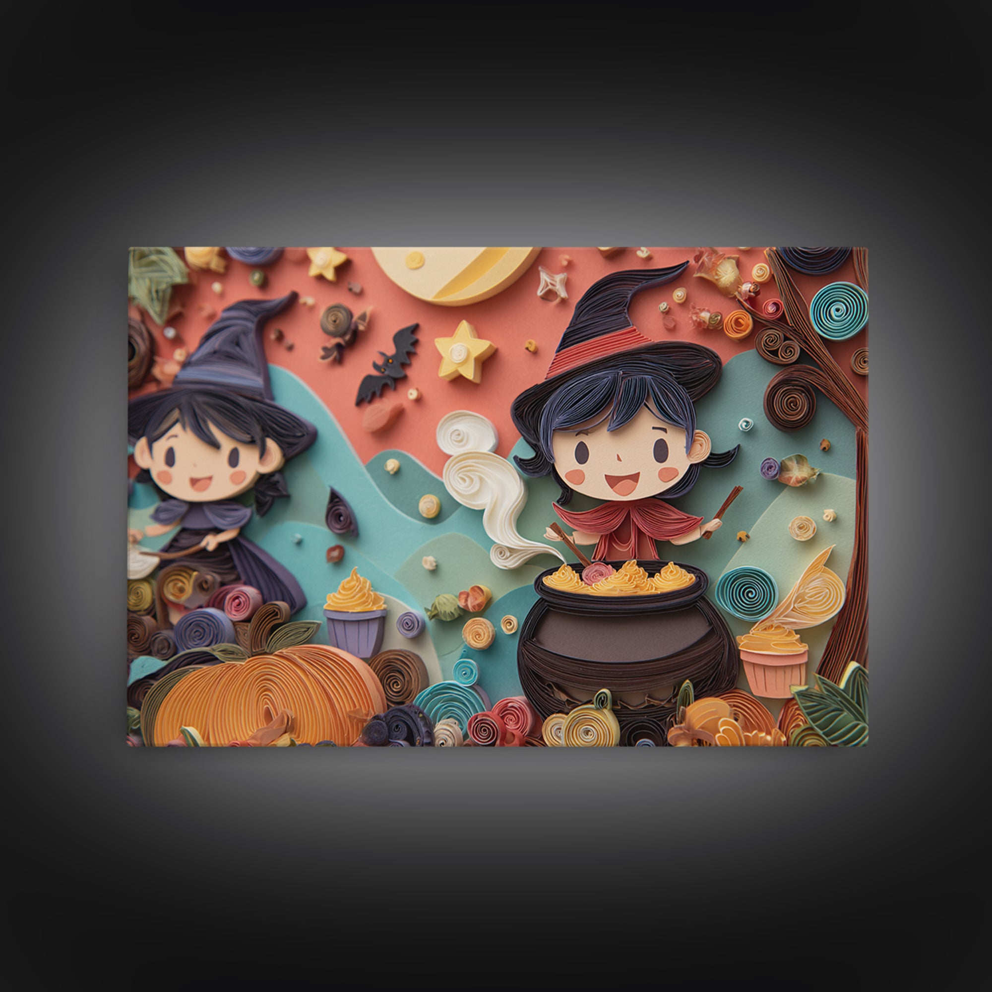 The Cupcake Cauldron Class, Quilled Halloween Art, Landscape Wall Art, Framed Canvas Print, Cute Halloween Wall Art