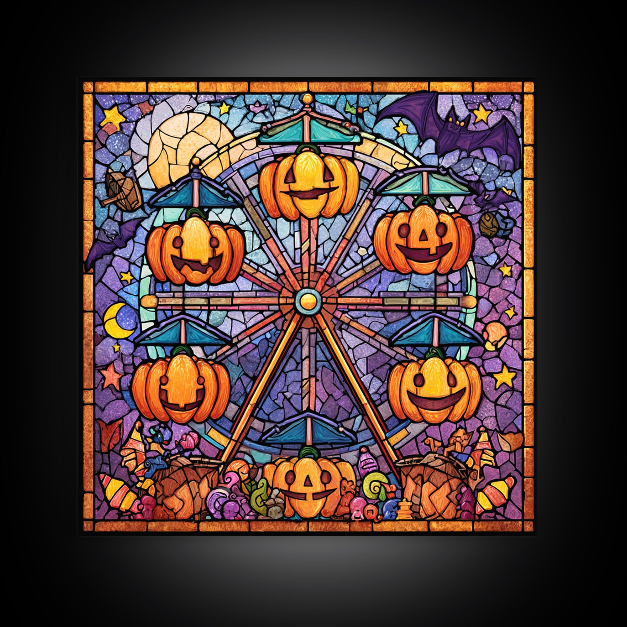 The Pumpkin Ferris Wheel, Stained Glass Halloween, Square Wall Art, Canvas Print, Cute Halloween Wall Art