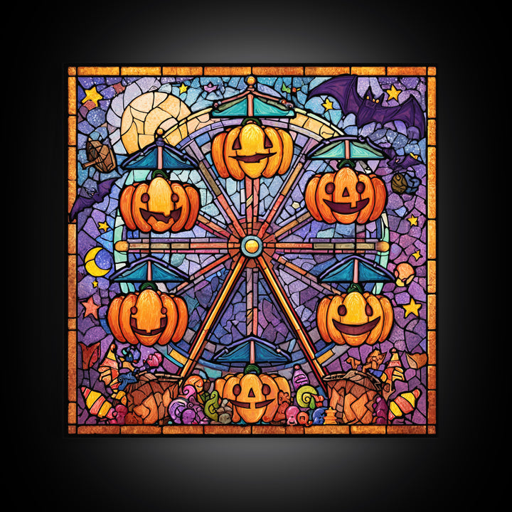 The Pumpkin Ferris Wheel, Stained Glass Halloween, Square Wall Art, Canvas Print, Cute Halloween Wall Art