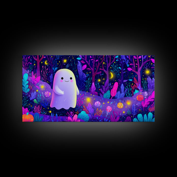 The Ghost And Firefly Friends, Vaporwave Halloween Art, Wide Panoramic Art, Framed Canvas Print, Cute Halloween Wall Art