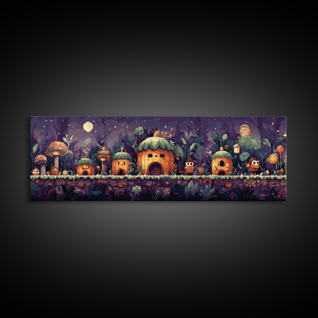 The Moonlit Acorn Village, Pixel Halloween Art, Extra Wide Wall Art, Canvas Print, Cute Halloween Wall Art