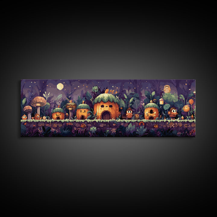 The Moonlit Acorn Village, Pixel Halloween Art, Extra Wide Wall Art, Canvas Print, Cute Halloween Wall Art