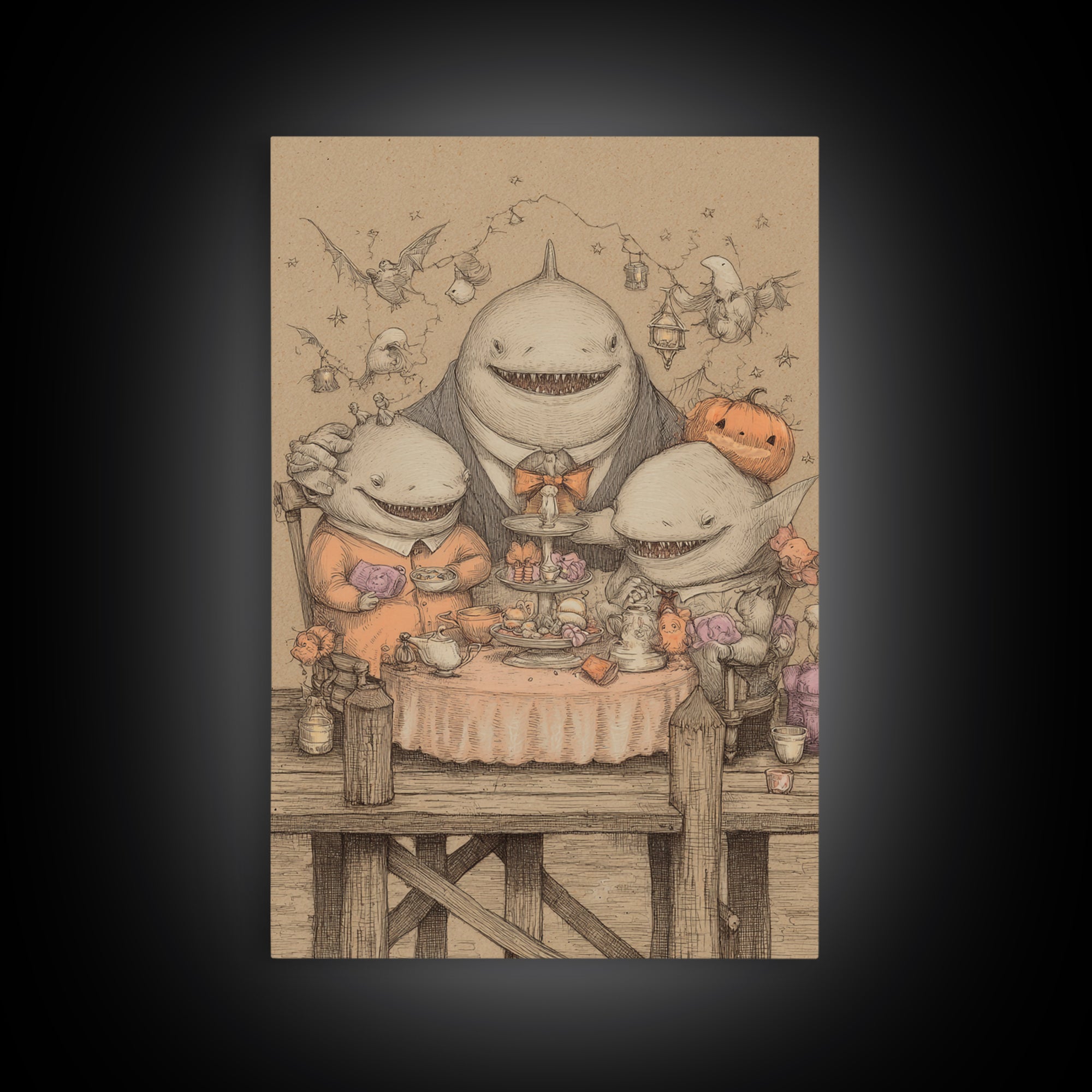 The Tea Party At Innsmouth Pier, Hand Sketch Halloween Art, Vertical Wall Art, Canvas Print, Cute Halloween Wall Art