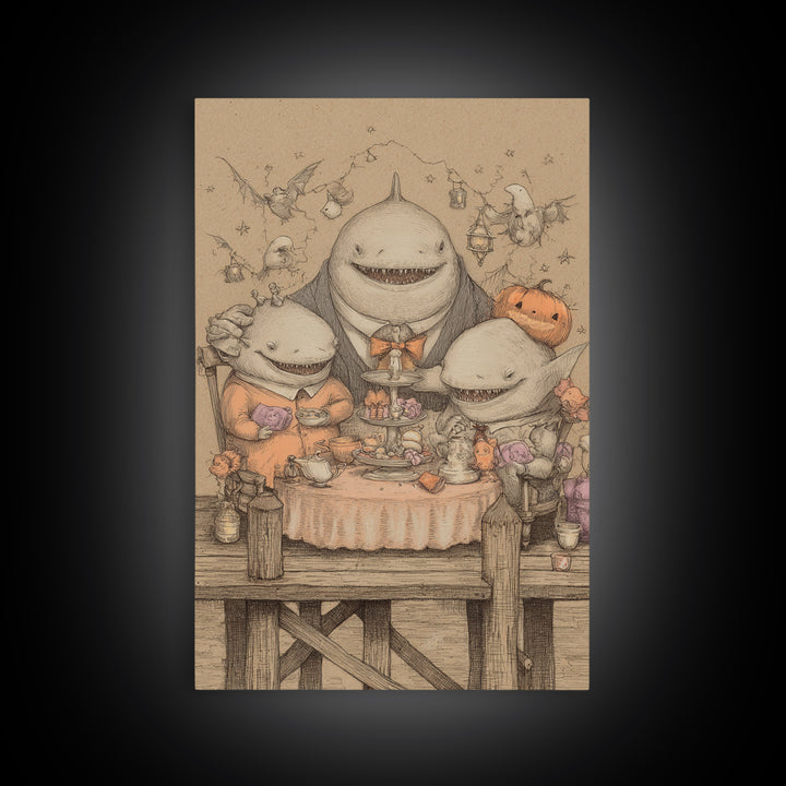 The Tea Party At Innsmouth Pier, Hand Sketch Halloween Art, Vertical Wall Art, Canvas Print, Cute Halloween Wall Art