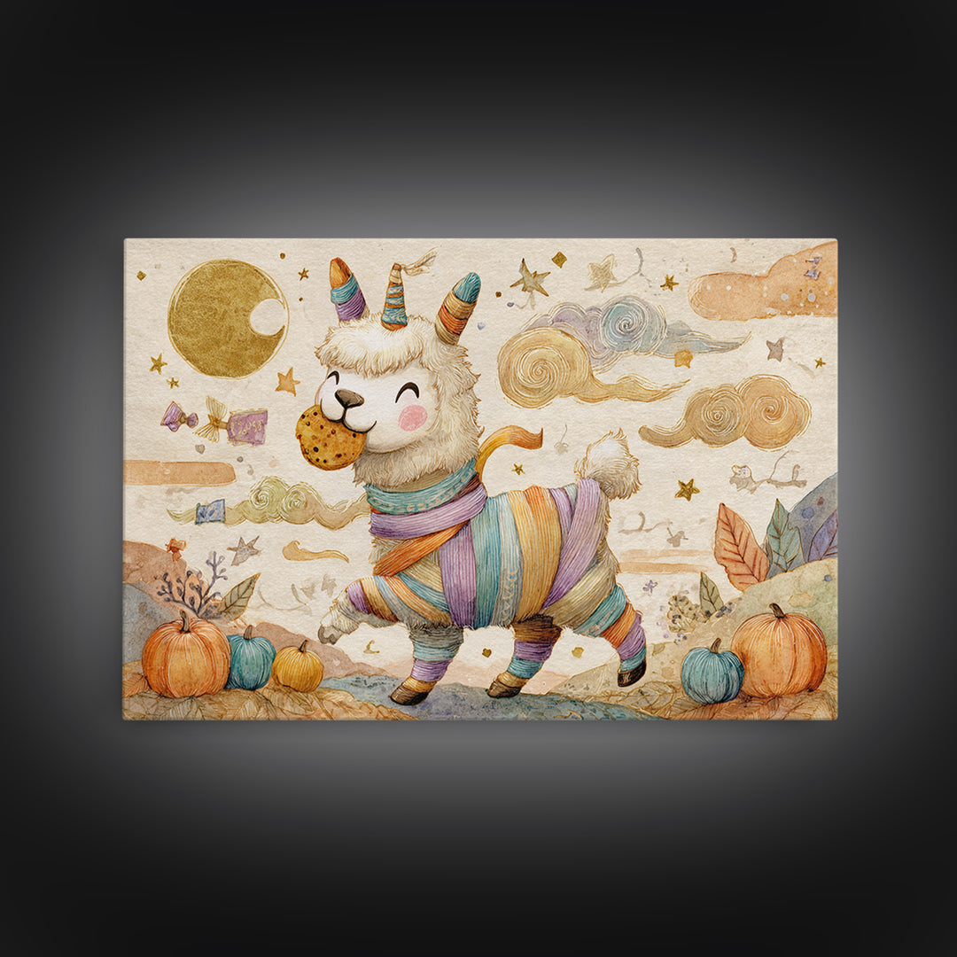 The Llama Mummy, Watercolor Halloween Art, Landscape Wall Art, Framed Canvas Print, Cute Halloween Wall Art