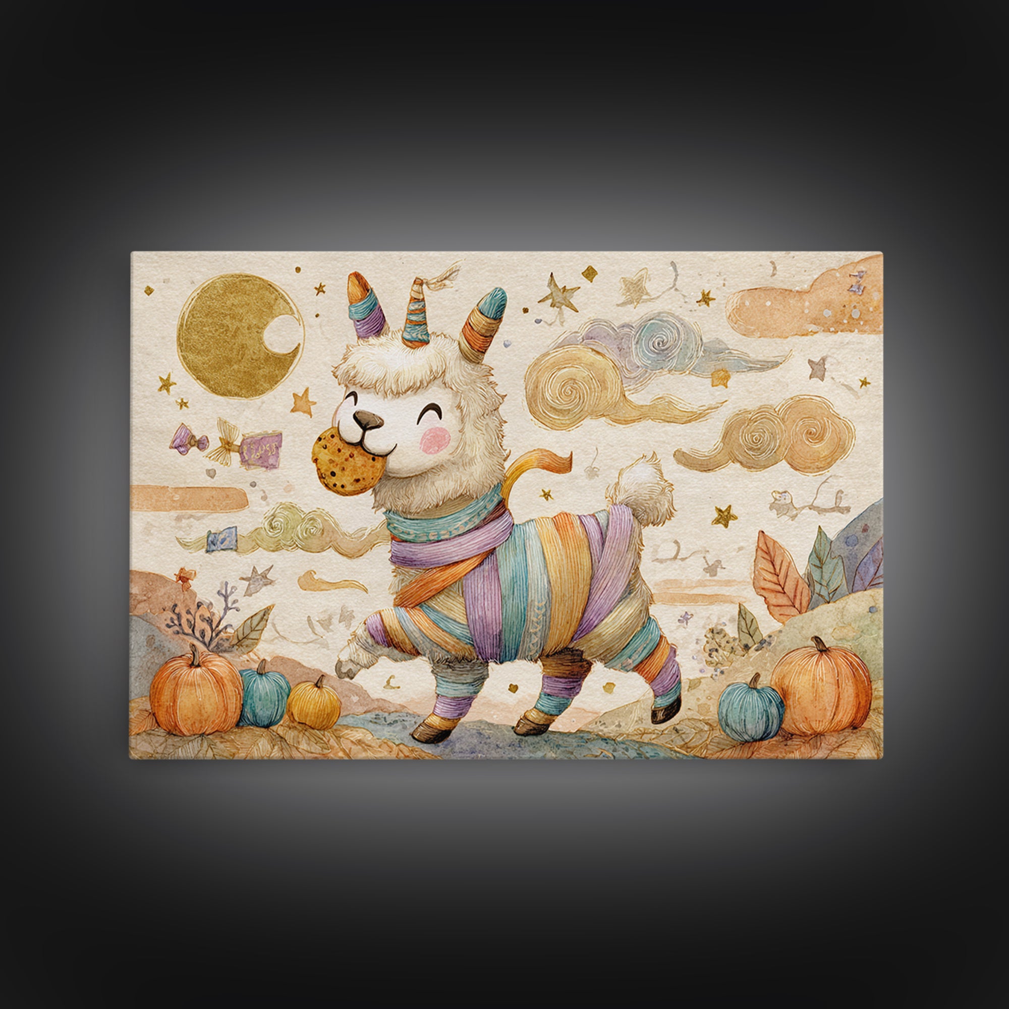 The Llama Mummy, Watercolor Halloween Art, Landscape Wall Art, Framed Canvas Print, Cute Halloween Wall Art