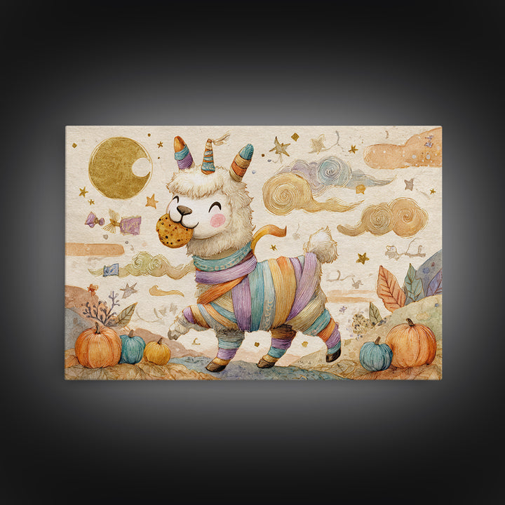 The Llama Mummy, Watercolor Halloween Art, Landscape Wall Art, Framed Canvas Print, Cute Halloween Wall Art