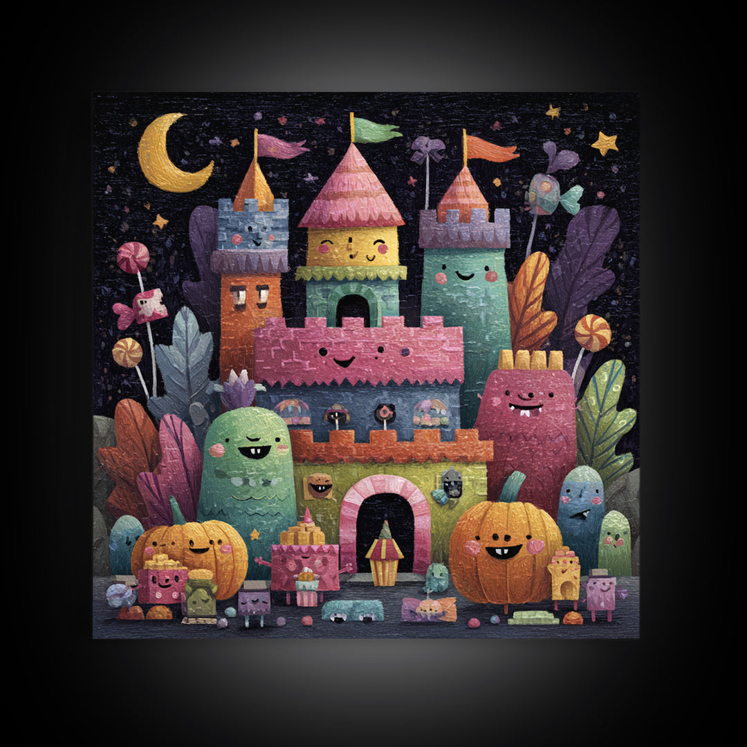 The Candy Castle, Gouache Halloween Art, Square Wall Art, Canvas Print, Cute Halloween Wall Art, Halloween Kids Decor, Storybook Decor