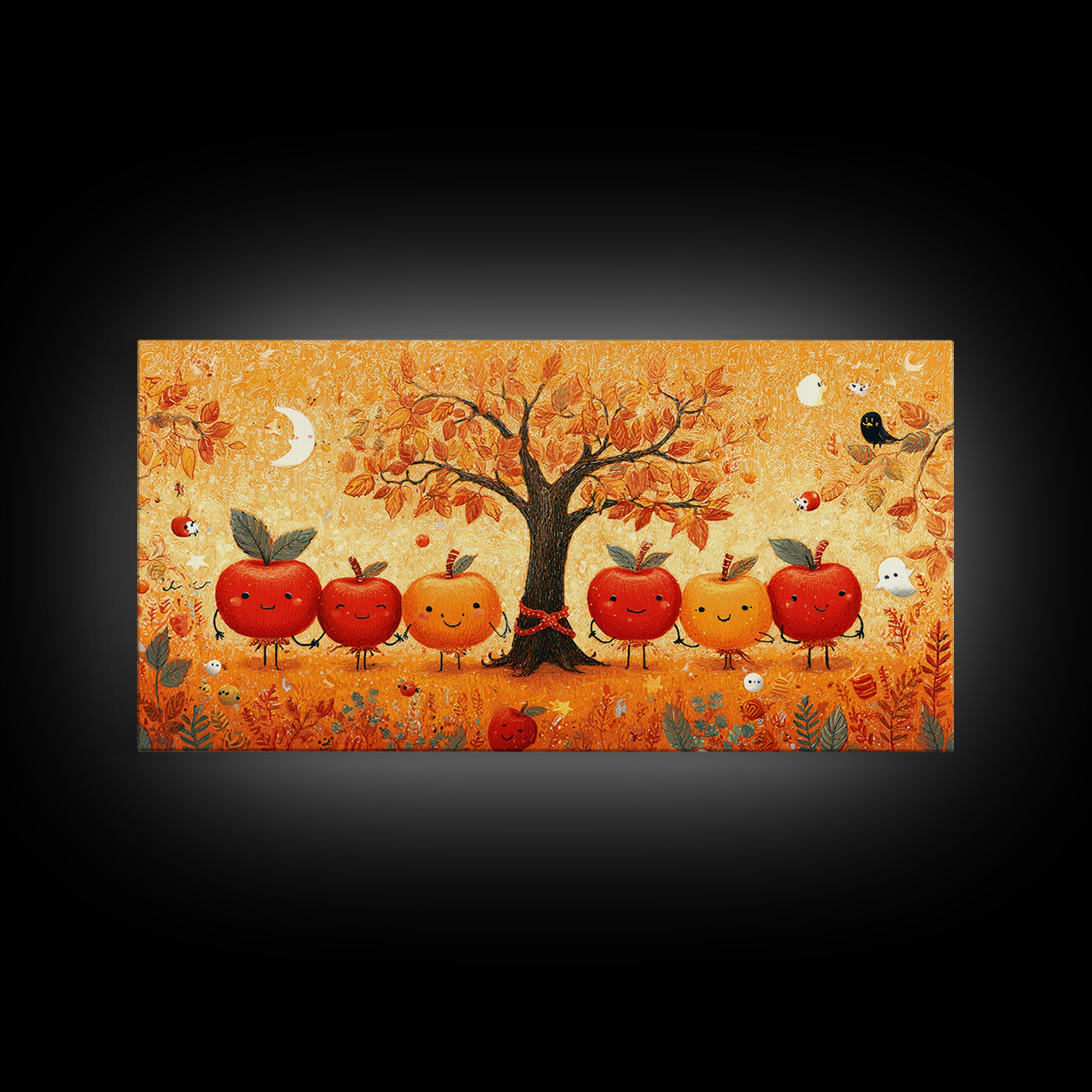 The Caramel Apple Friends, Crayon Halloween Art, Wide Panoramic Art, Framed Canvas Print, Cute Halloween Wall Art