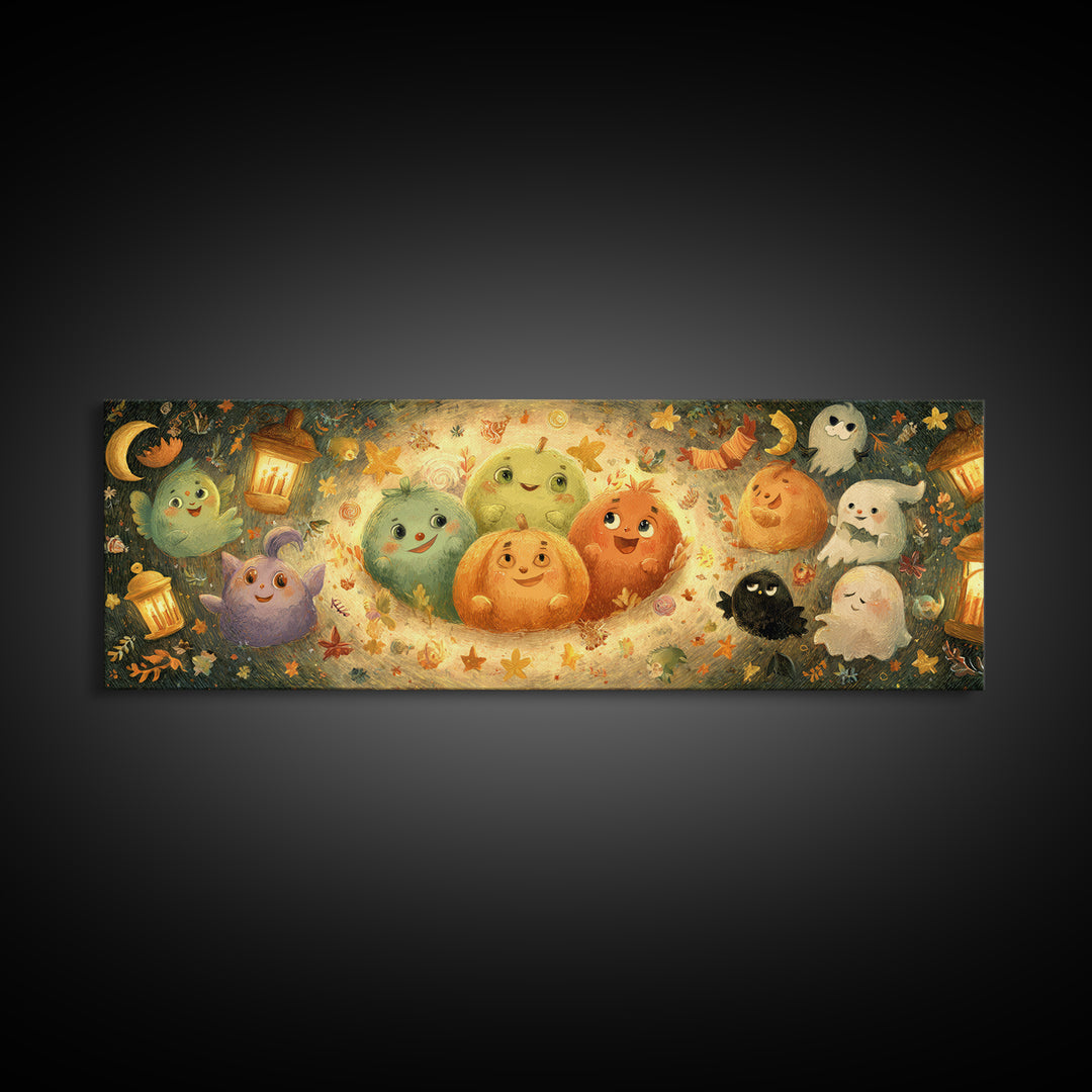 The Halloween Story Circle, Pastel Halloween Art, Extra Wide Wall Art, Canvas Print, Cute Halloween Wall Art