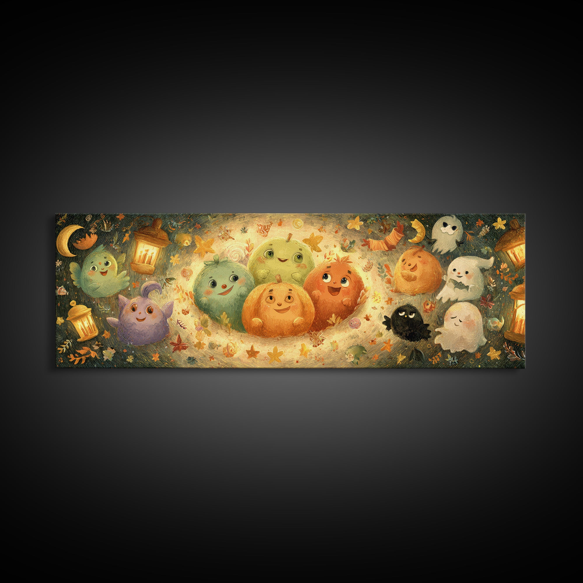 The Halloween Story Circle, Pastel Halloween Art, Extra Wide Wall Art, Canvas Print, Cute Halloween Wall Art