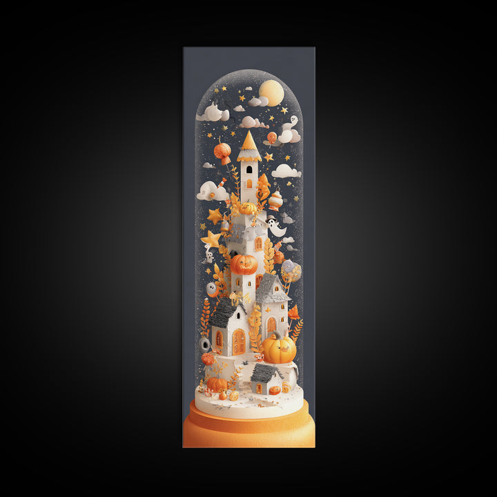 Halloween Inside A Snow Globe, Paper Collage Halloween, Tall Narrow Wall Art, Framed Canvas Print, Cute Halloween Wall Art