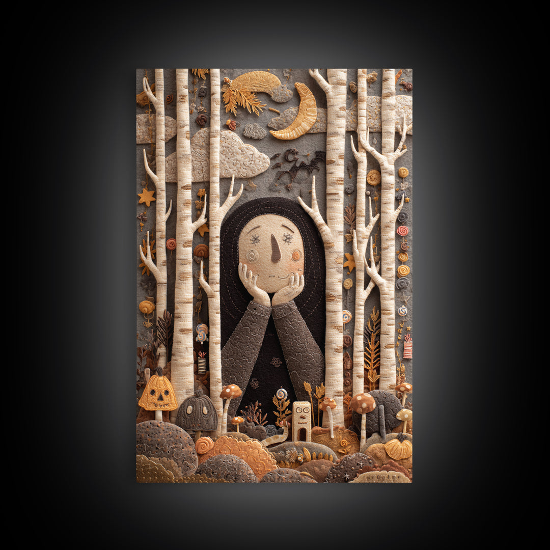 The Sleeper In The Birch Grove, Felt Halloween Art, Vertical Wall Art, Canvas Print, Cute Halloween Wall Art
