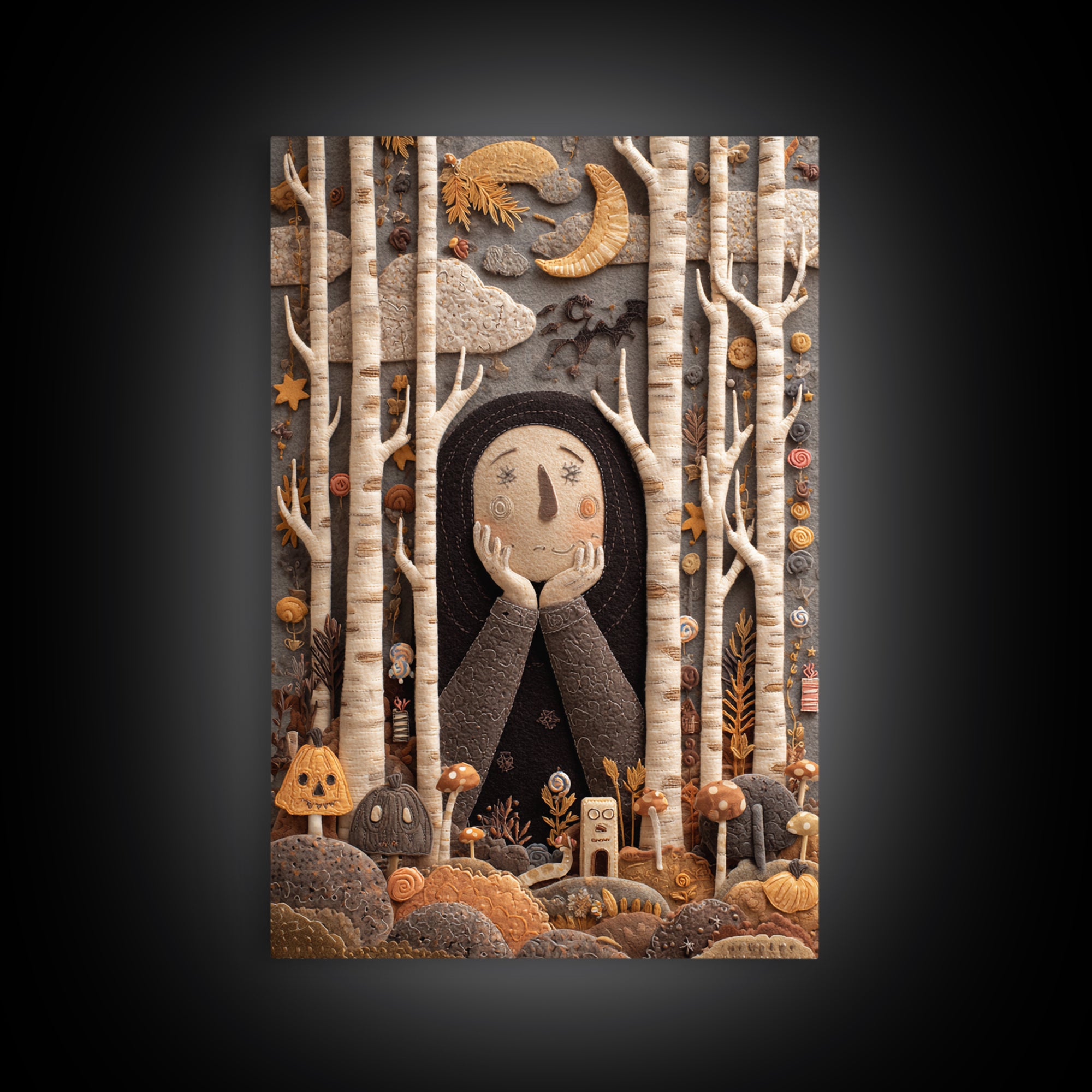 The Sleeper In The Birch Grove, Felt Halloween Art, Vertical Wall Art, Canvas Print, Cute Halloween Wall Art