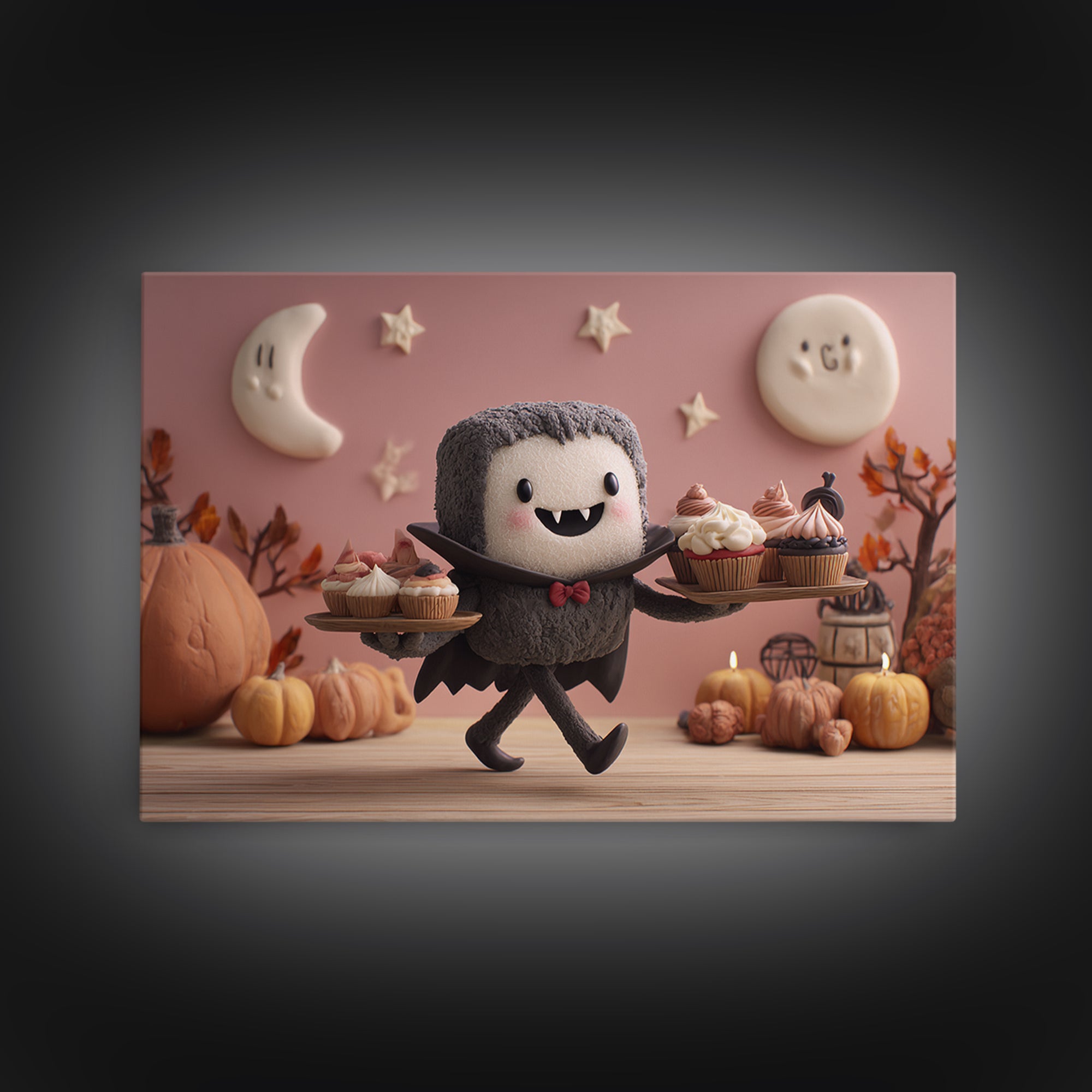 The Cupcake Vampire, Clay Halloween Art, Landscape Wall Art, Framed Canvas Print, Cute Halloween Wall Art