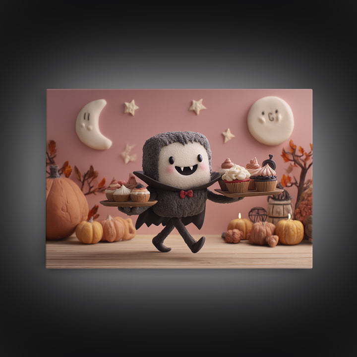 The Cupcake Vampire, Clay Halloween Art, Landscape Wall Art, Framed Canvas Print, Cute Halloween Wall Art