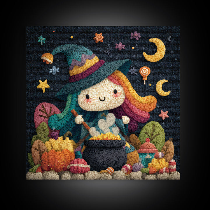 The Rainbow-Cauldron Witch, Plush Halloween Art, Square Wall Art, Canvas Print, Cute Halloween Wall Art