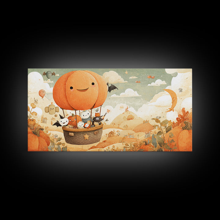 The Pumpkin Hot-Air Balloon, Kawaii Halloween Art, Wide Panoramic Art, Framed Canvas Print, Cute Halloween Wall Art