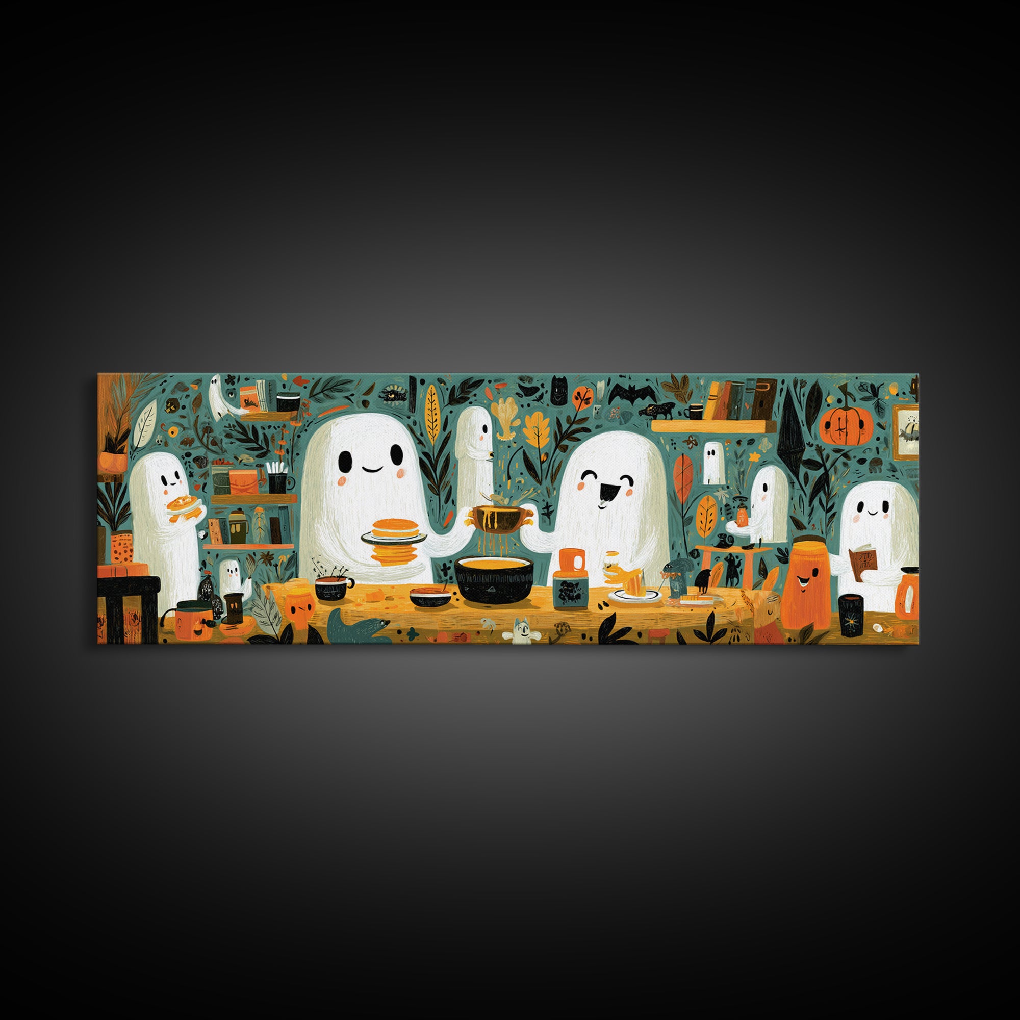 The Ghost Family Breakfast, Retro Halloween Art, Extra Wide Wall Art, Canvas Print, Cute Halloween Wall Art