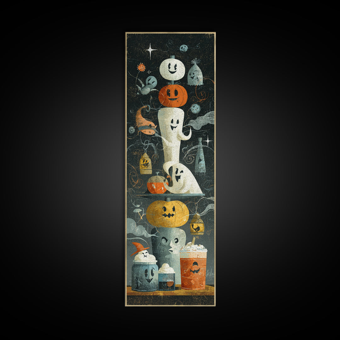 The Midnight Cocoa Party, Screenprint Halloween Art, Tall Narrow Wall Art, Framed Canvas Print, Cute Halloween Wall Art