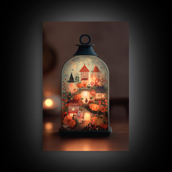 The World Inside A Lantern, Folk Halloween Art, Vertical Wall Art, Canvas Print, Cute Halloween Wall Art