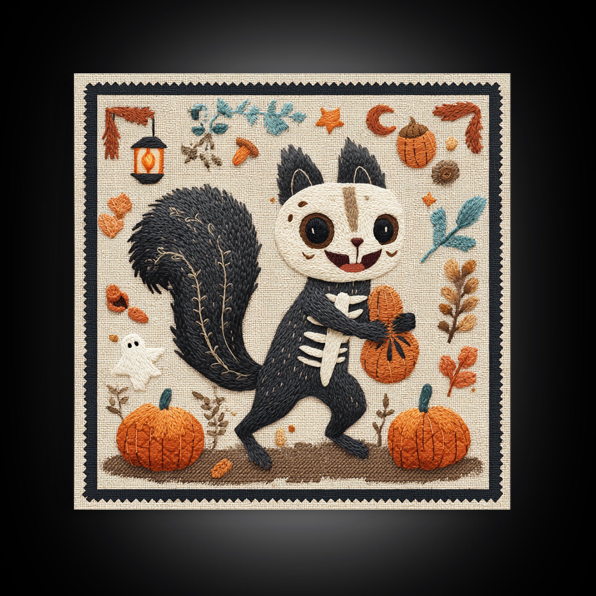 The Squirrel Skeleton, Embroidered Halloween Art, Square Wall Art, Canvas Print, Cute Halloween Wall Art