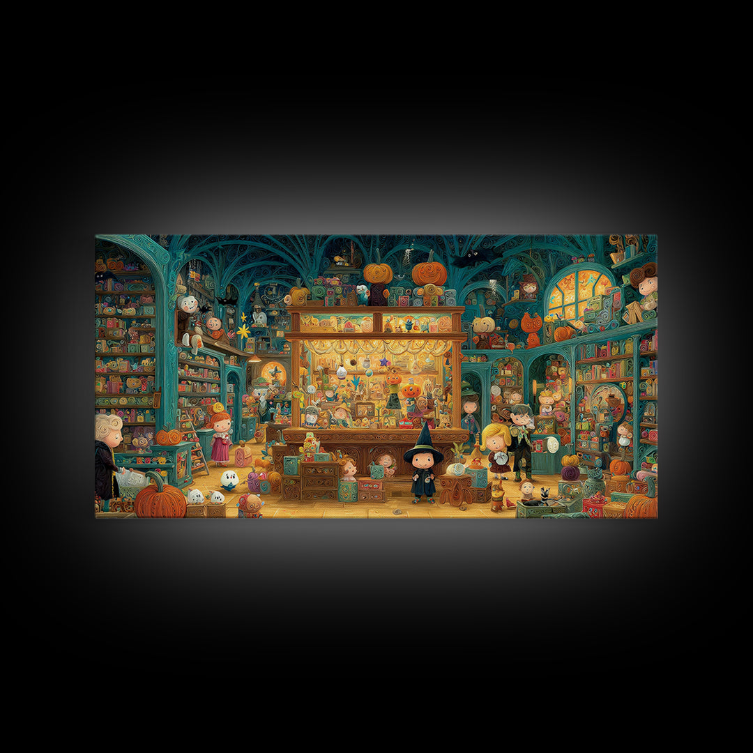 The Moonlight Toy Shop, Quilled Halloween Art, Wide Panoramic Art, Framed Canvas Print, Cute Halloween Wall Art