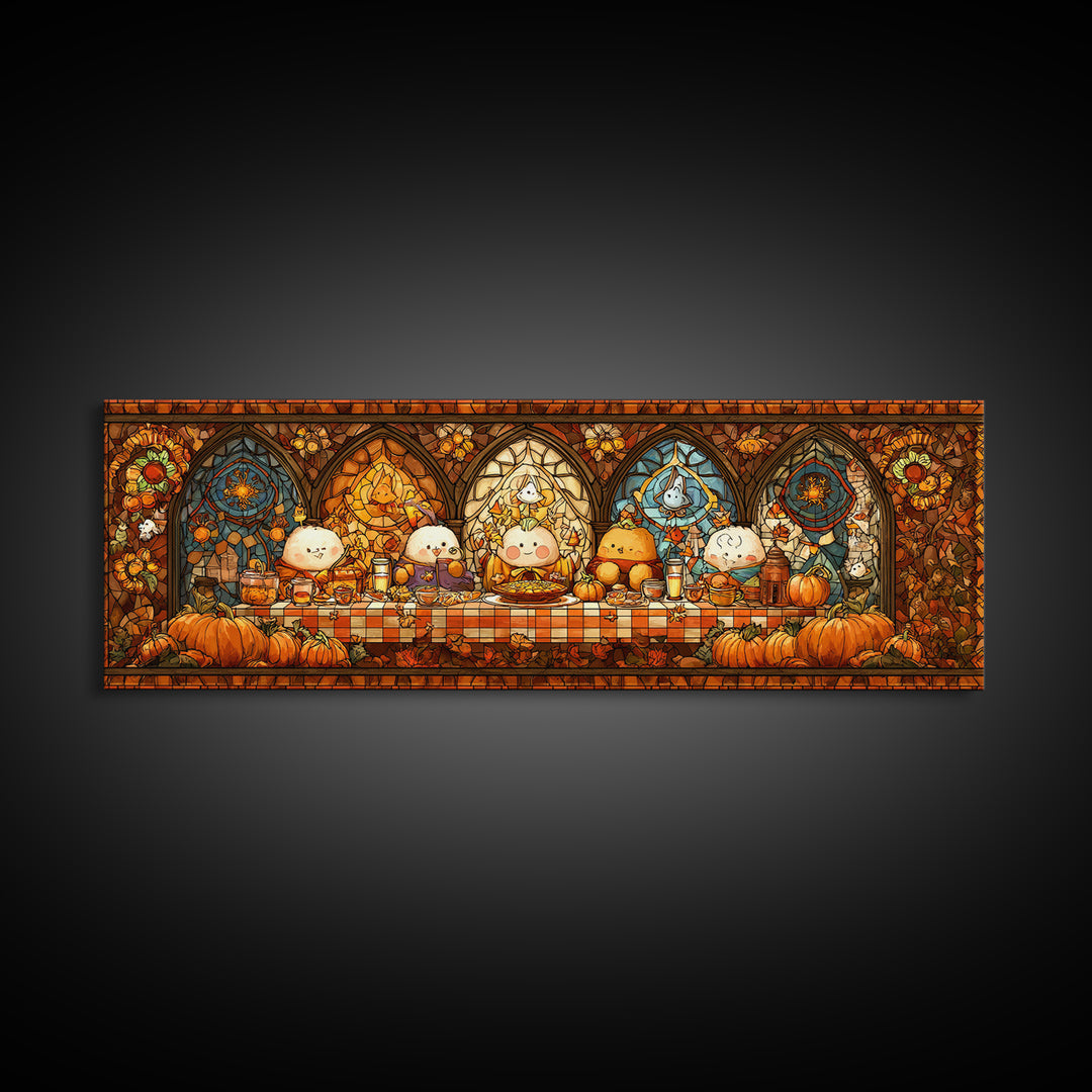 The Candy Corn Picnic, Stained Glass Halloween, Extra Wide Wall Art, Canvas Print, Cute Halloween Wall Art
