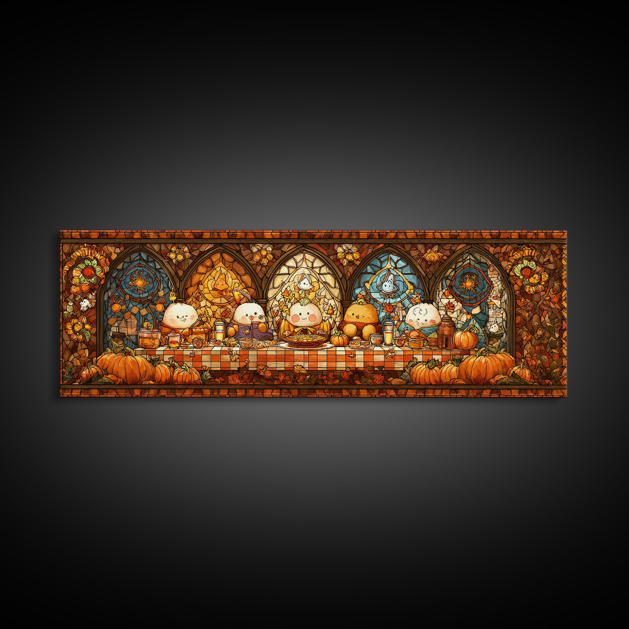 The Candy Corn Picnic, Stained Glass Halloween, Extra Wide Wall Art, Canvas Print, Cute Halloween Wall Art