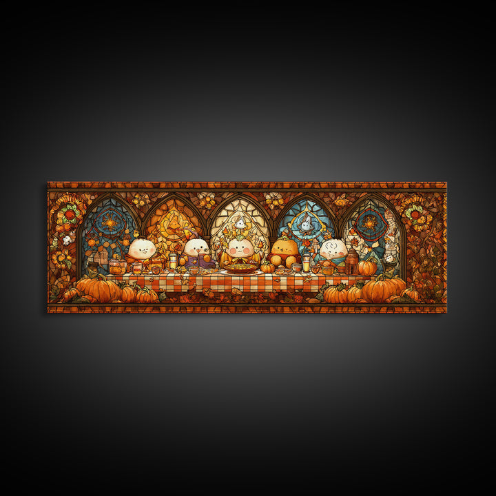 The Candy Corn Picnic, Stained Glass Halloween, Extra Wide Wall Art, Canvas Print, Cute Halloween Wall Art