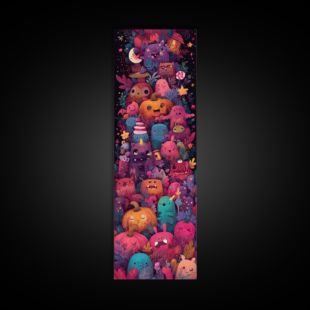 The Monster Hide-And-Seek Game, Vaporwave Halloween Art, Tall Narrow Wall Art, Framed Canvas Print, Cute Halloween Wall Art