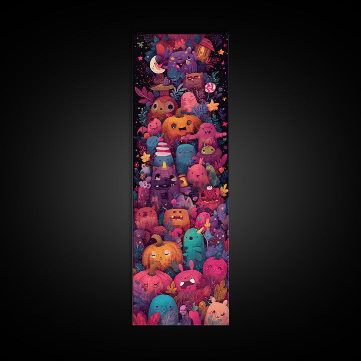 The Monster Hide-And-Seek Game, Vaporwave Halloween Art, Tall Narrow Wall Art, Framed Canvas Print, Cute Halloween Wall Art