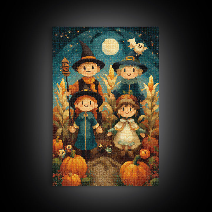 The Starry Cornfield Maze, Pixel Halloween Art, Vertical Wall Art, Canvas Print, Cute Halloween Wall Art
