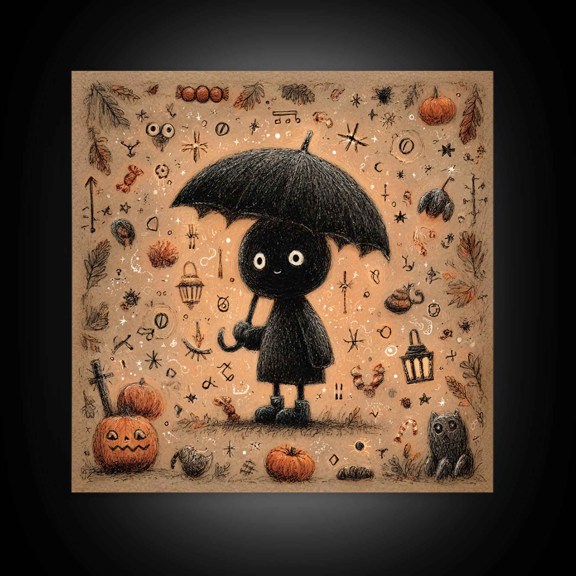The Umbrella Of The Outer Rain, Hand Sketch Halloween Art, Square Wall Art, Canvas Print, Cute Halloween Wall Art