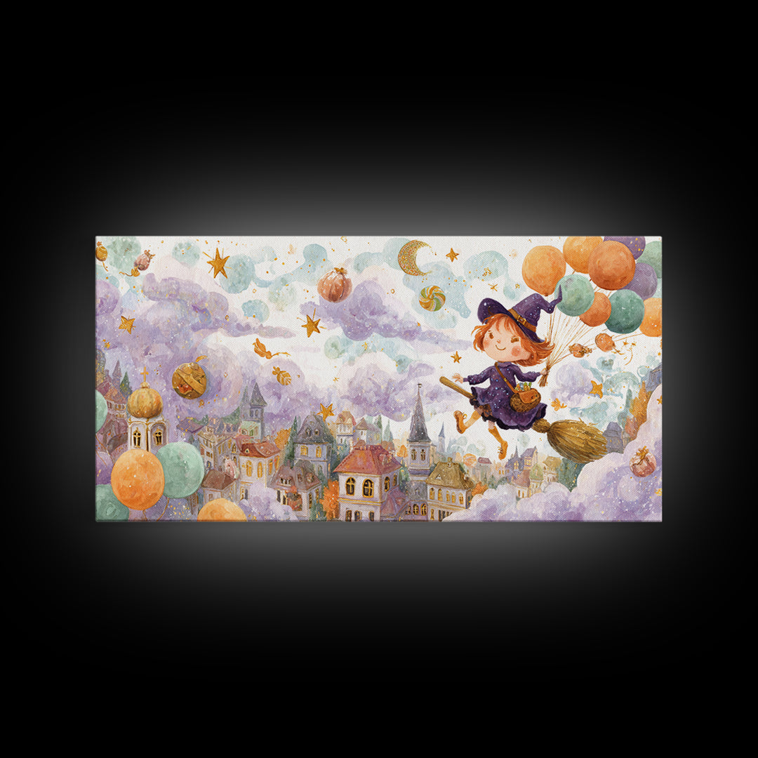 The Witch With A Balloon Broom, Watercolor Halloween Art, Wide Panoramic Art, Framed Canvas Print, Cute Halloween Wall Art