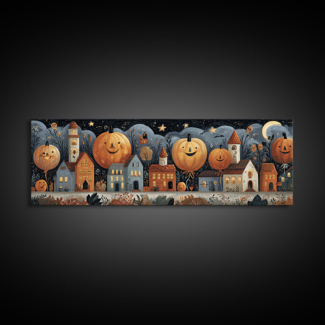 The Pumpkin Balloon Parade, Gouache Halloween Art, Extra Wide Wall Art, Canvas Print, Cute Halloween Wall Art