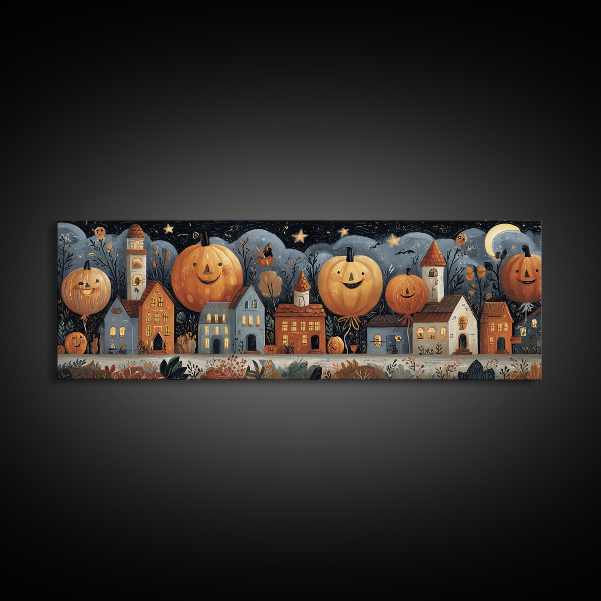 The Pumpkin Balloon Parade, Gouache Halloween Art, Extra Wide Wall Art, Canvas Print, Cute Halloween Wall Art