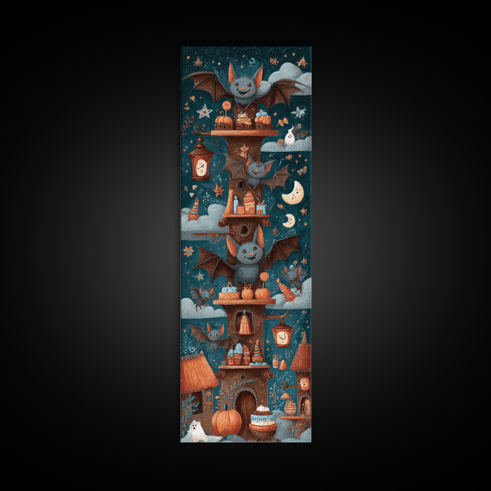 The Brownie Bat Bakery, Crayon Halloween Art, Tall Narrow Wall Art, Framed Canvas Print, Cute Halloween Wall Art