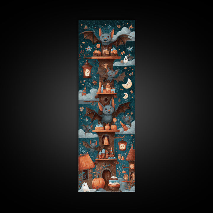 The Brownie Bat Bakery, Crayon Halloween Art, Tall Narrow Wall Art, Framed Canvas Print, Cute Halloween Wall Art