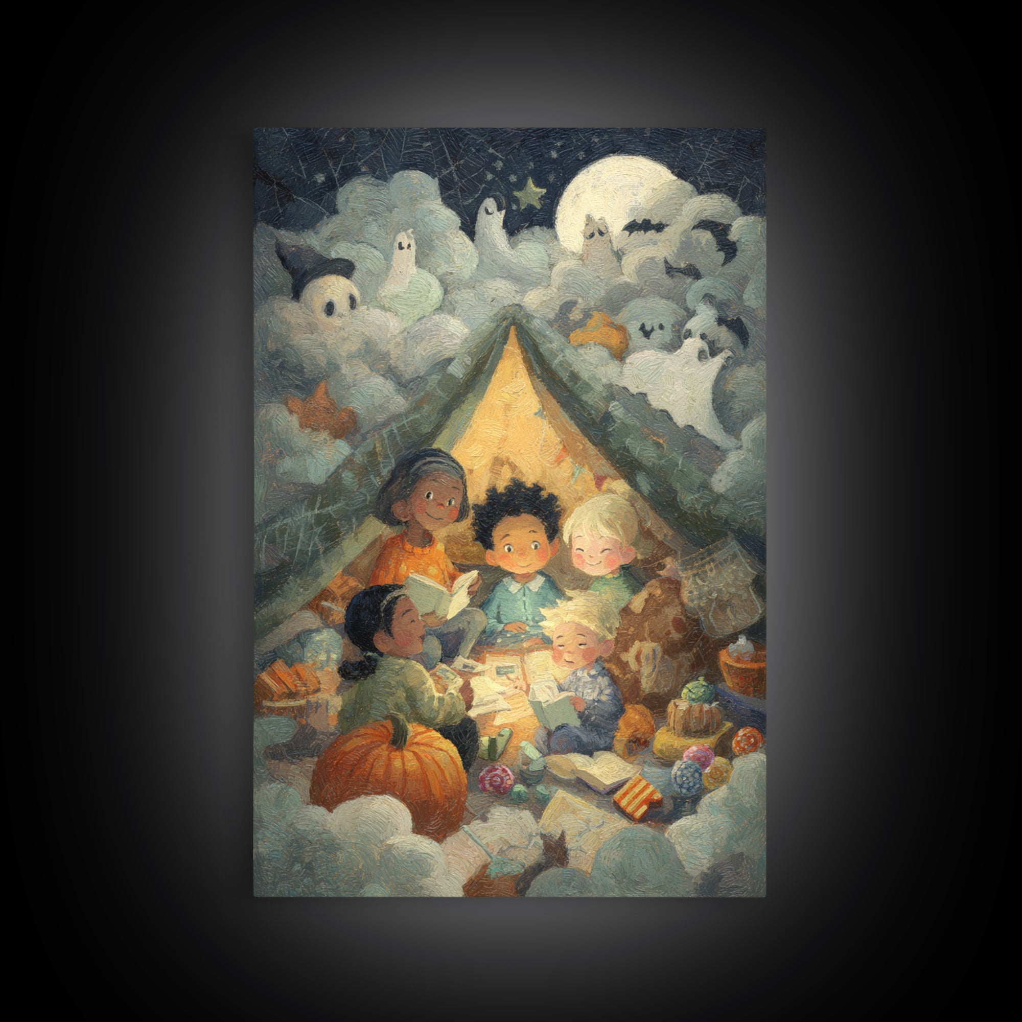 The Halloween Sleepover, Pastel Halloween Art, Vertical Wall Art, Canvas Print, Cute Halloween Wall Art