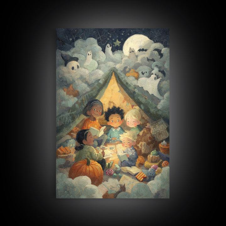 The Halloween Sleepover, Pastel Halloween Art, Vertical Wall Art, Canvas Print, Cute Halloween Wall Art