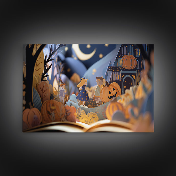 The Enchanted Halloween Library, Paper Collage Halloween, Landscape Wall Art, Framed Canvas Print, Cute Halloween Wall Art
