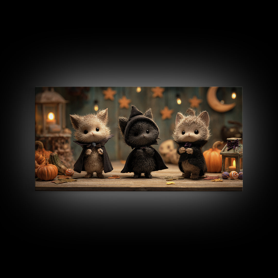 The Kitten Vampire, Clay Halloween Art, Wide Panoramic Art, Framed Canvas Print, Cute Halloween Wall Art