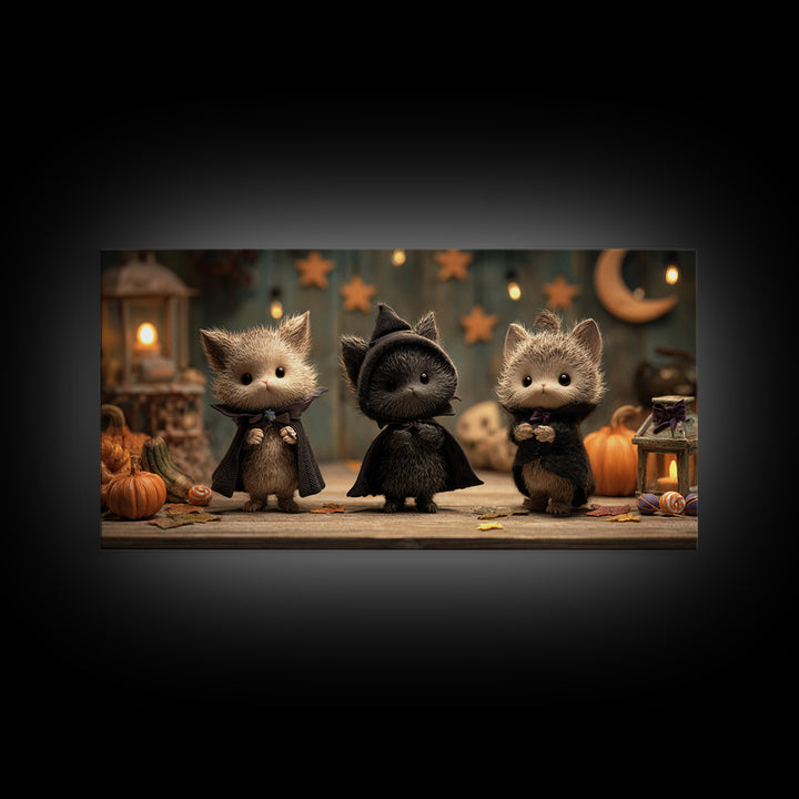 The Kitten Vampire, Clay Halloween Art, Wide Panoramic Art, Framed Canvas Print, Cute Halloween Wall Art
