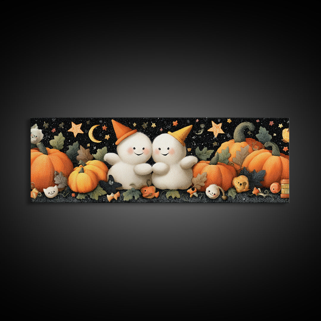 The Halloween Friendship Spell, Plush Halloween Art, Extra Wide Wall Art, Canvas Print, Cute Halloween Wall Art