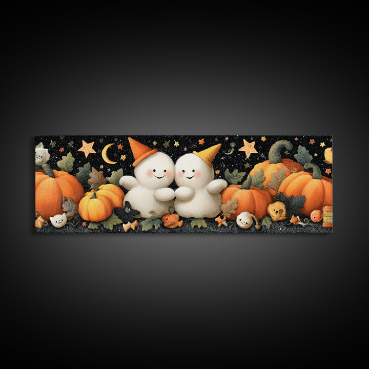The Halloween Friendship Spell, Plush Halloween Art, Extra Wide Wall Art, Canvas Print, Cute Halloween Wall Art