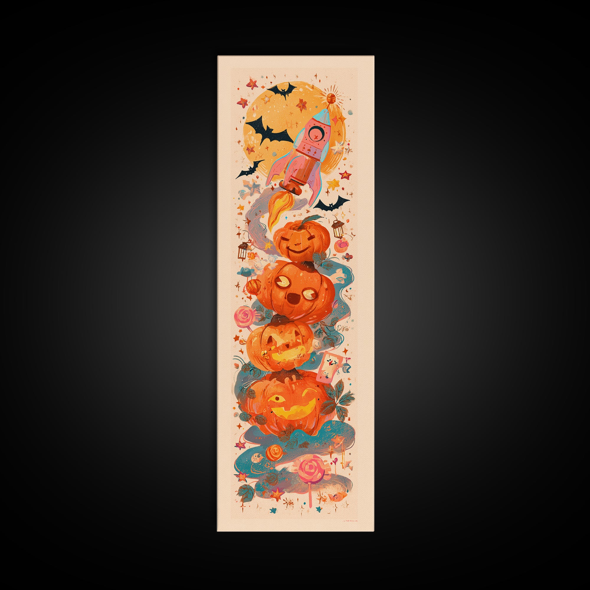 The Pumpkin Rocket Ship, Kawaii Halloween Art, Tall Narrow Wall Art, Framed Canvas Print, Cute Halloween Wall Art, Storybook Decor