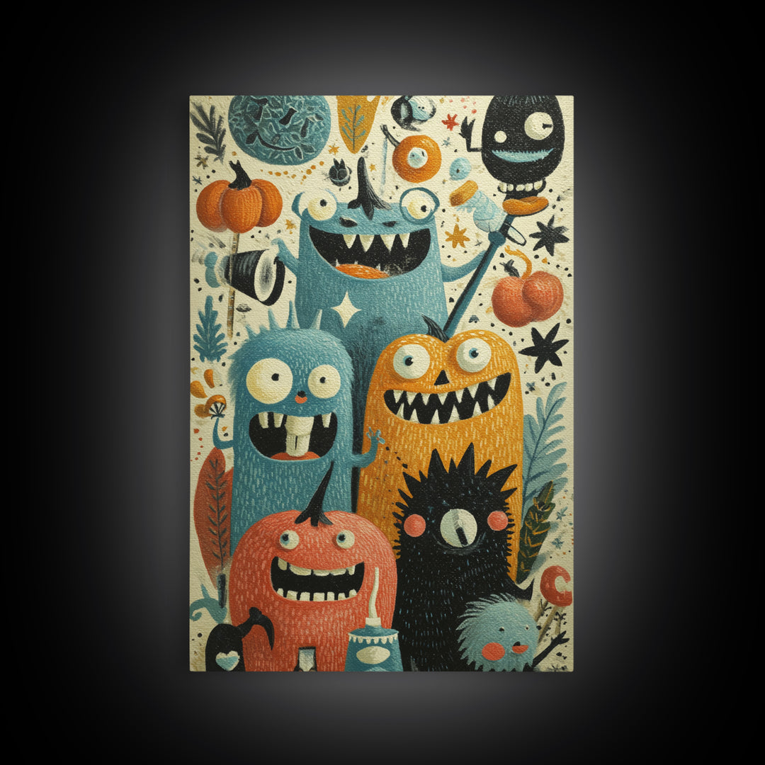The Monster Toothbrush Club, Retro Halloween Art, Vertical Wall Art, Canvas Print, Cute Halloween Wall Art