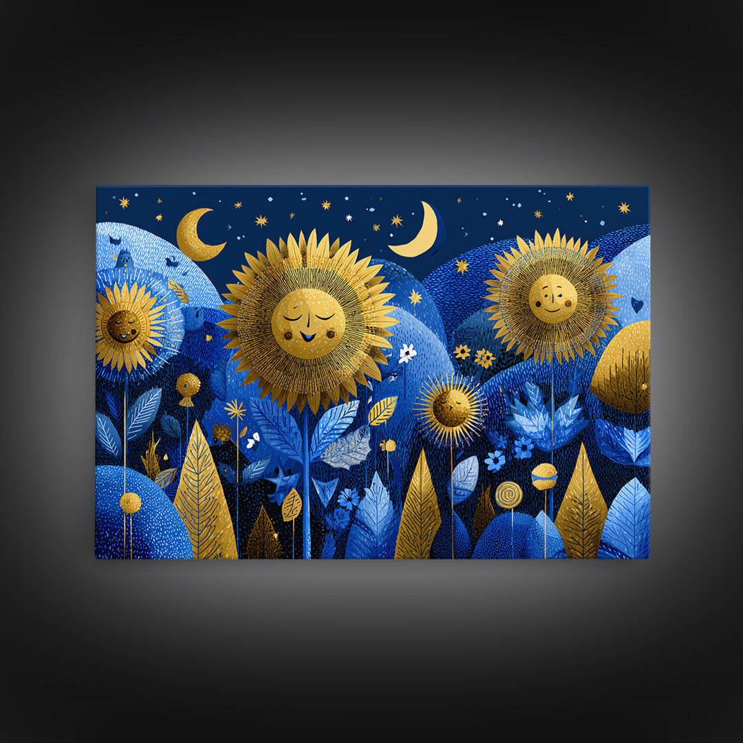 The Singing Sunflowers At Midnight, Screenprint Halloween Art, Landscape Wall Art, Framed Canvas Print, Cute Halloween Wall Art